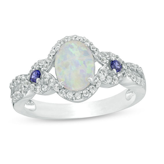Oval Lab-Created Opal, Blue Sapphire and White Sapphire Open Frame Twist Shank Ring in Sterling Silver