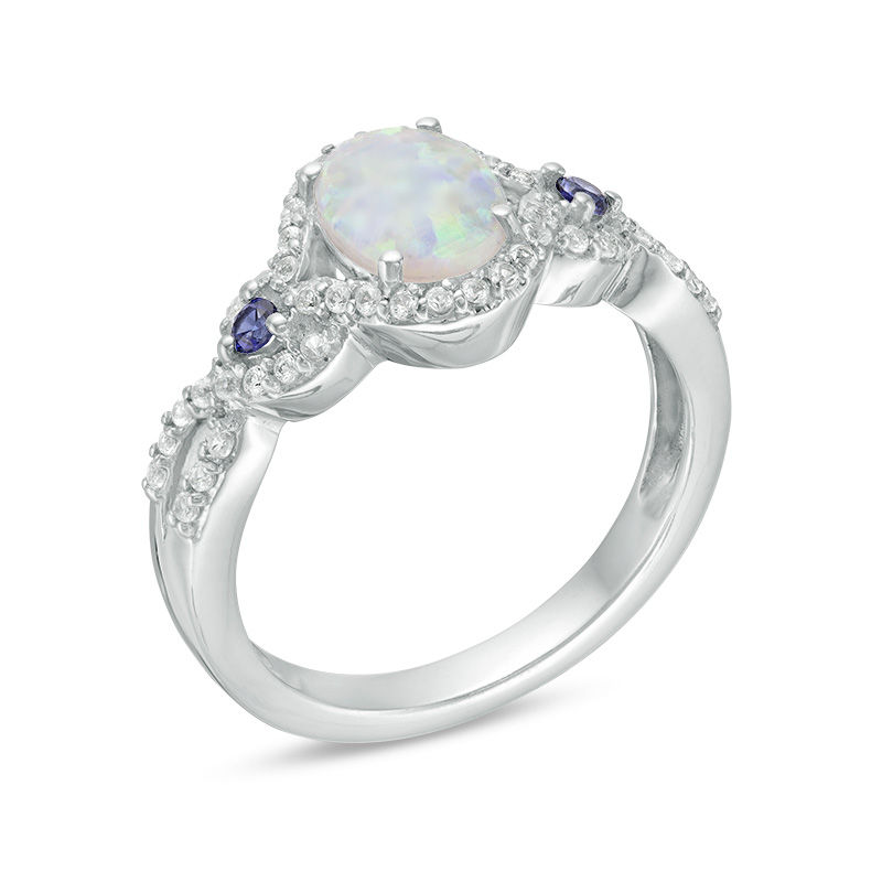 Oval Lab-Created Opal, Blue and White Sapphire Open Frame Twist Shank ...
