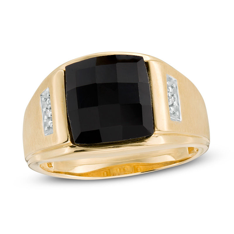 Men's Rectangle Faceted Onyx and Diamond Accent Multi-Finish Ring in ...