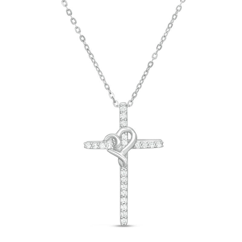 1/8 CT. T.W. Diamond Cross with Heart Pendant in Sterling Silver | Zales