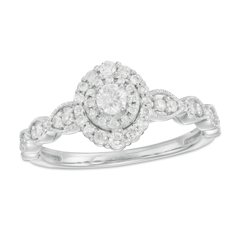 Four-Prong Square Halo 0.45 TCW Princess Cut Diamond Art-Deco Milgrain  Filigree Bridal Ring Set in 10K White Gold 