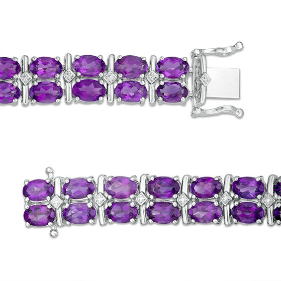 Oval Amethyst and Diamond Accent Double Row Bracelet in Sterling Silver ...