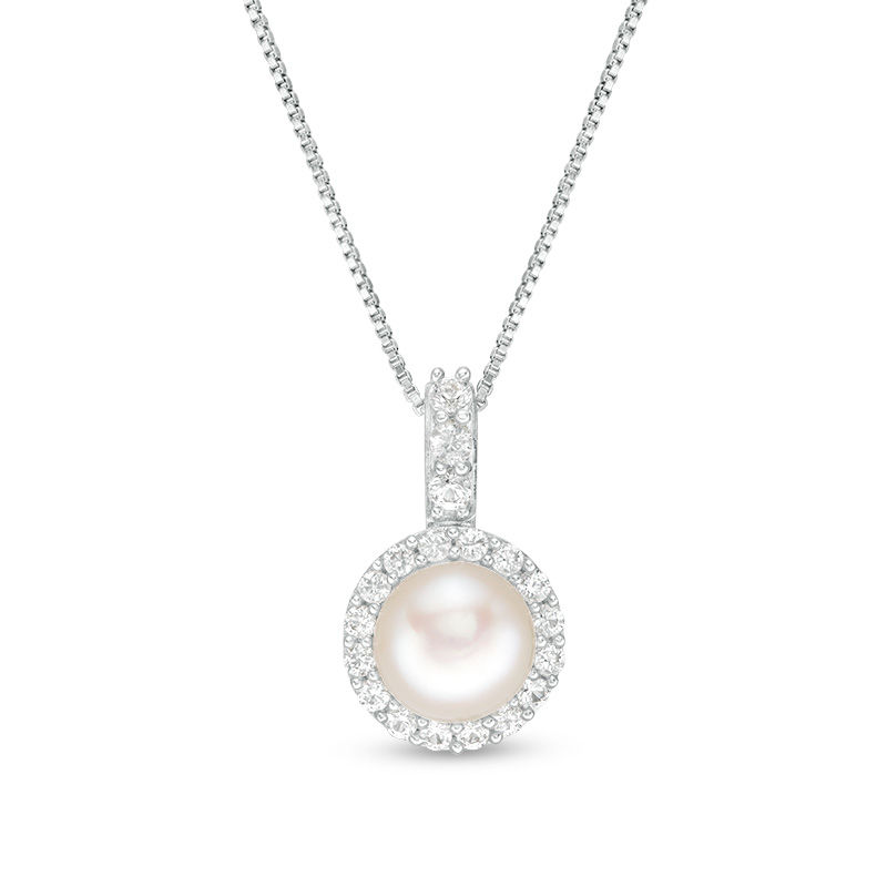 7.0mm Freshwater Cultured Pearl and Lab-Created White Sapphire Frame Drop Pendant in Sterling Silver