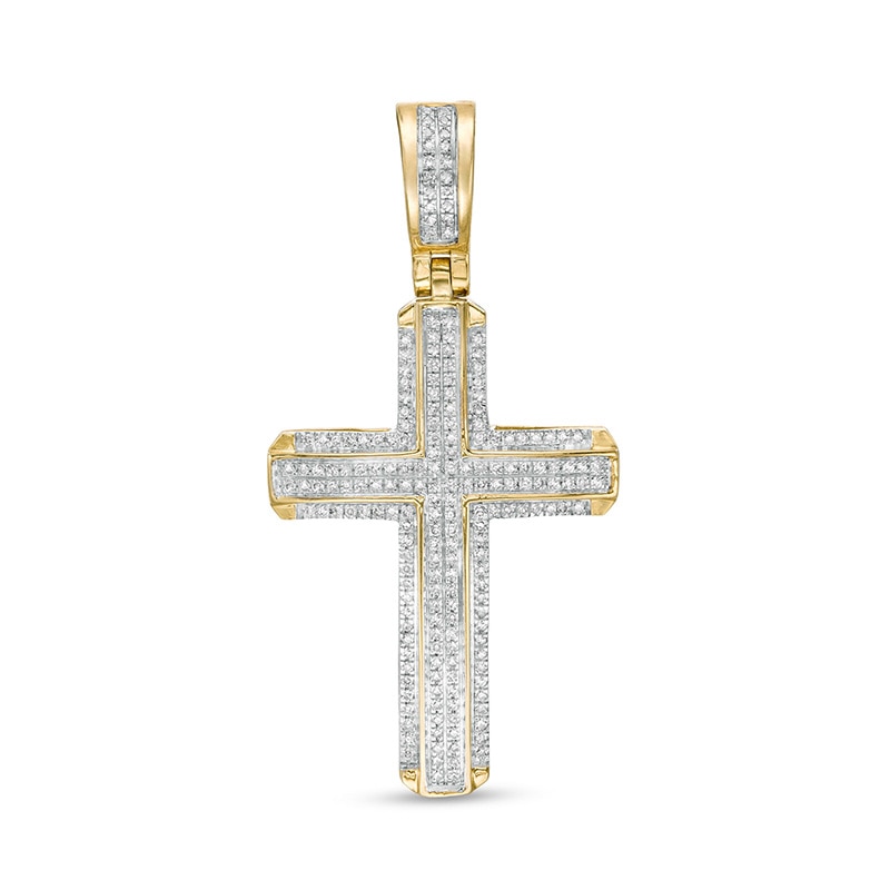 Men's 1/4 CT. T.W. Diamond Double Row Cross Necklace Charm in 10K Gold ...