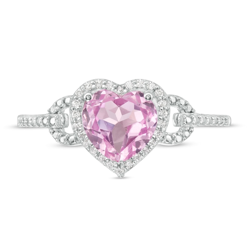Zales Heart-Shaped Lab-Created Pink Sapphire and 1/15 Ct. T.W. Diamond Frame Buckle Ring in Sterling Silver