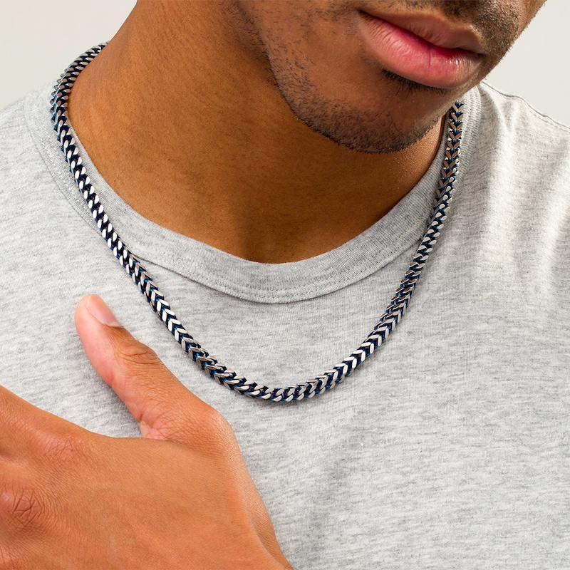 Zales Men's 5.0mm Foxtail Chain Necklace in Stainless Steel and Blue IP - 22
