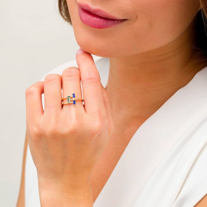 Baguette-Cut Lab-Created Green and Blue Sapphire Open Geometric Ring in Sterling Silver with 14K Gold Plate