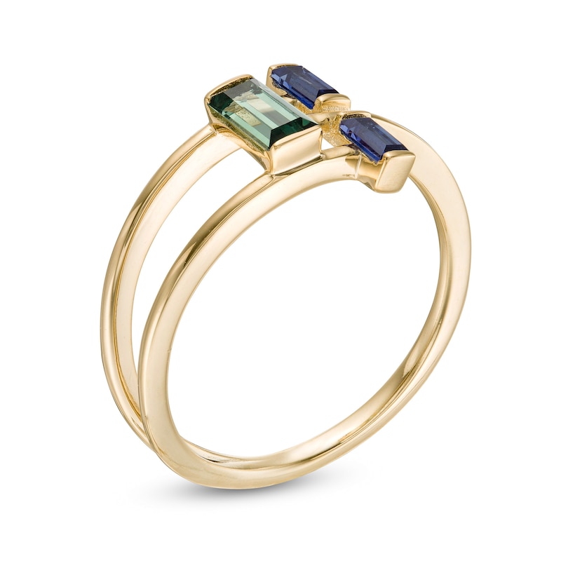 Baguette-Cut Lab-Created Green and Blue Sapphire Open Geometric Ring in Sterling Silver with 14K Gold Plate