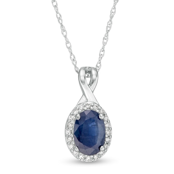 Oval Blue Sapphire and 1/15 CT. T.W. Diamond Frame Pendant in 10K White ...