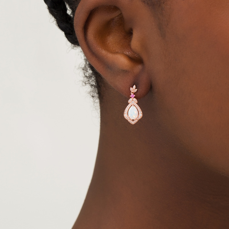 Pear-Shaped Lab-Created Opal, Pink and White Sapphire Lotus Drop Earrings in Sterling Silver with 14K Rose Gold Plate