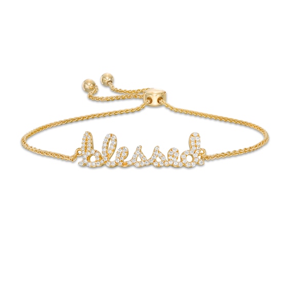 Lab-Created White Sapphire Cursive "blessed" Bolo Bracelet in Sterling Silver with 18K Gold Plate - 9"