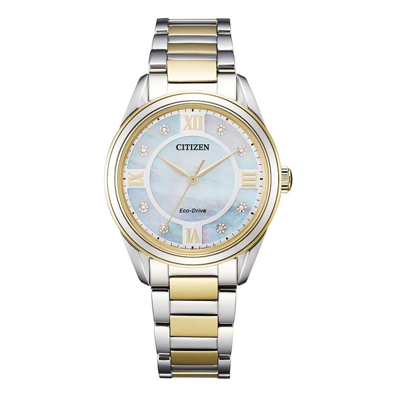 Ladies' Citizen Eco-Drive® Arezzo Diamond Accent Two-Tone Watch with Mother-of-Pearl Dial (Model: EM0874-57D)