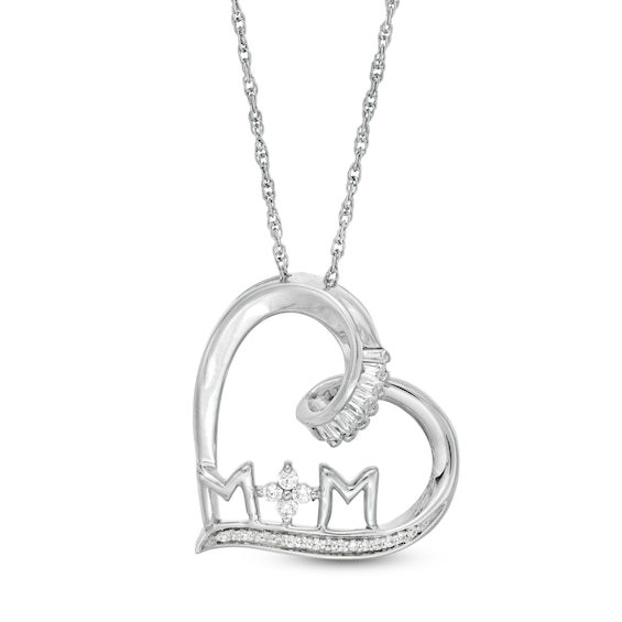 1/6 CT. T.w. Baguette and Round Diamond Mom Tilted Heart Pendant in Sterling Silver