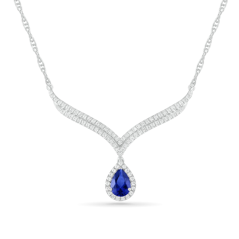 Pear-Shaped Lab-Created Blue and White Sapphire Frame Double Row Chevron with Teardrop Necklace in Sterling Silver