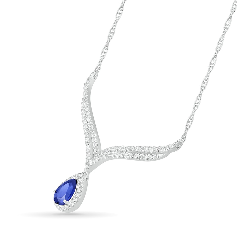 Pear-Shaped Lab-Created Blue and White Sapphire Frame Double Row Chevron with Teardrop Necklace in Sterling Silver