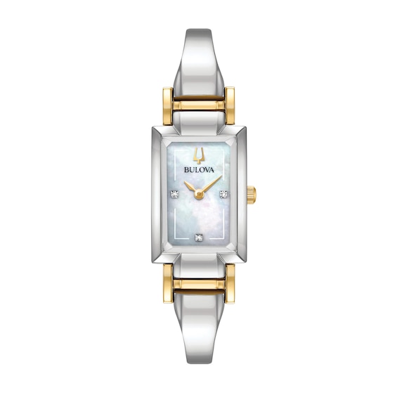 Ladies' Bulova Classic Diamond Accent Two-Tone Bangle Watch with Rectangular Mother-of-Pearl Dial (Model: 98P188)