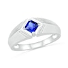 Thumbnail Image 0 of Men's Square-Cut Blue Lab-Created Sapphire and 1/20 CT. T.W. Diamond Chevron Collar Knife Edge Ring in Sterling Silver