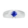 Thumbnail Image 1 of Men's Square-Cut Blue Lab-Created Sapphire and 1/20 CT. T.W. Diamond Chevron Collar Knife Edge Ring in Sterling Silver