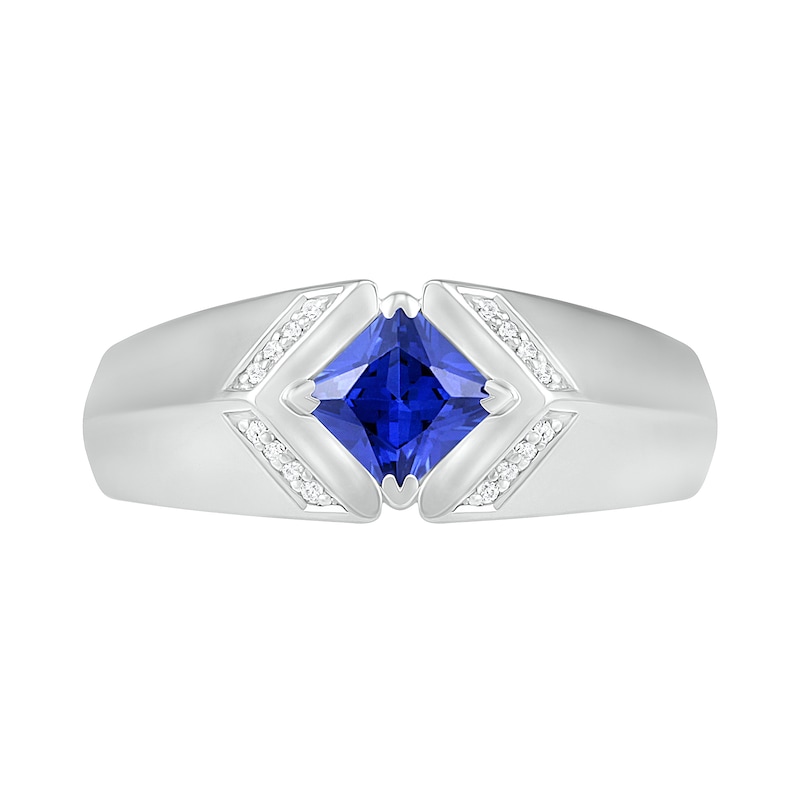 Men's Square-Cut Blue Lab-Created Sapphire and 1/20 CT. T.W. Diamond Chevron Collar Knife Edge Ring in Sterling Silver