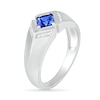Thumbnail Image 2 of Men's Square-Cut Blue Lab-Created Sapphire and 1/20 CT. T.W. Diamond Chevron Collar Knife Edge Ring in Sterling Silver