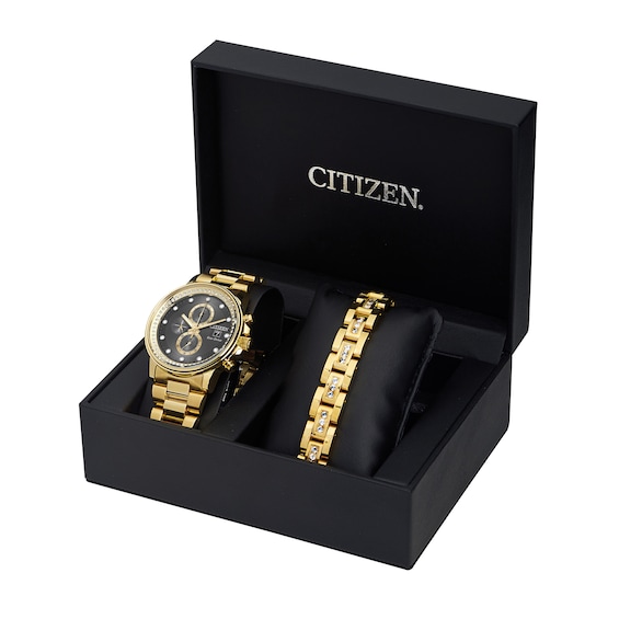 Men's Citizen Eco-DriveÂ® Nighthawk Crystal Accent Gold-Tone Chronograph Watch and Bracelet Box Set (Model: Fb3002-61E)