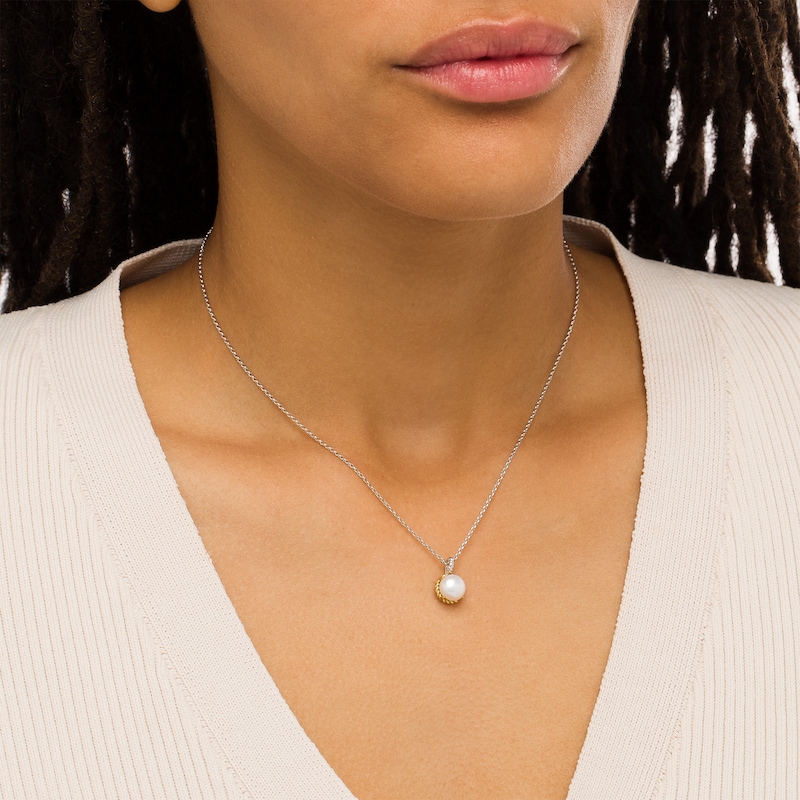 7.0-7.5mm Button Freshwater Cultured Pearl Rope-Textured Frame and Drop Pendant in Sterling Silver and 10K Gold