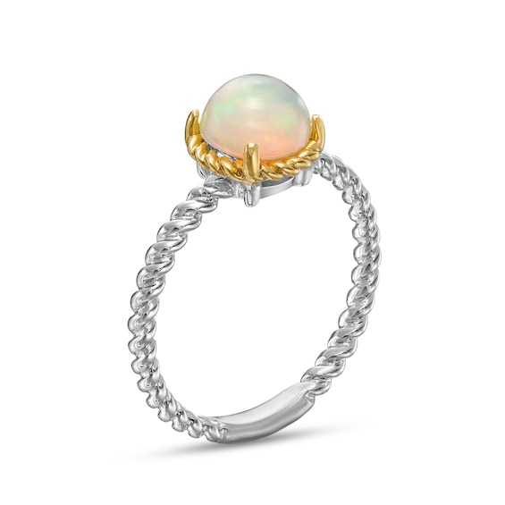 7.0mm Opal Solitaire Rope-Textured Frame and Shank Ring in Sterling Silver and 10K Gold