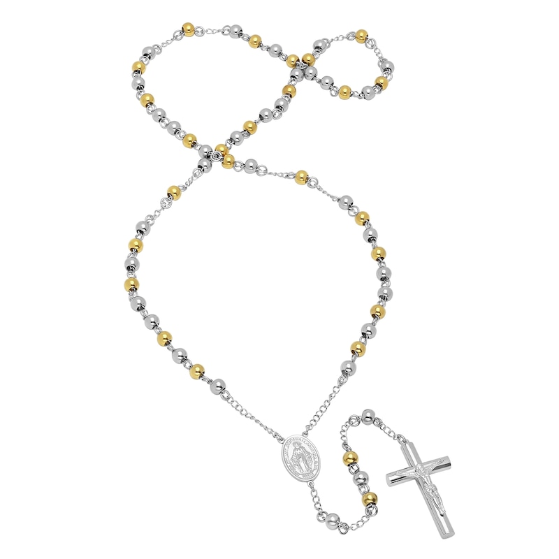 Men's Beaded Rosary in Stainless Steel and Yellow IP - 31"