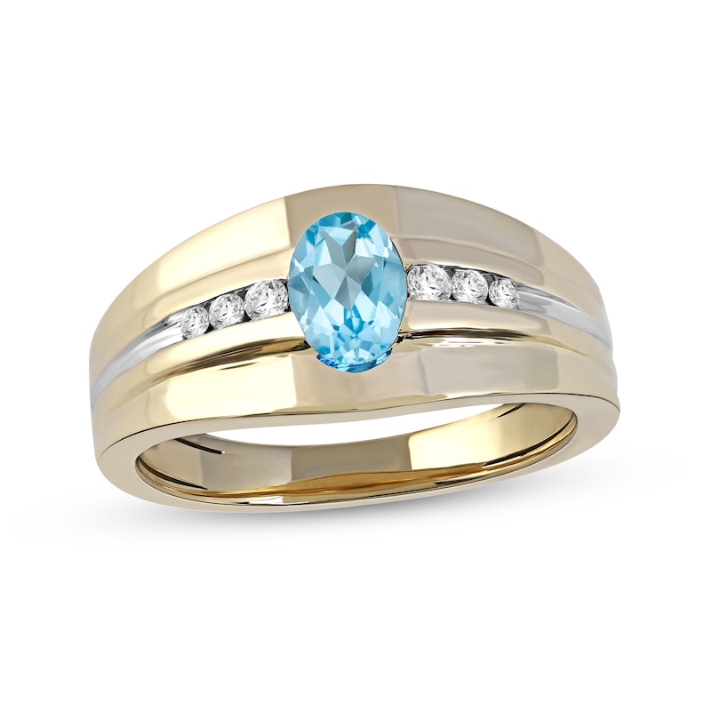 Men's Oval Swiss Blue Topaz and 1/6 CT. T.W. Diamond Tri-Sides Grooved Band in 10K Two-Tone Gold
