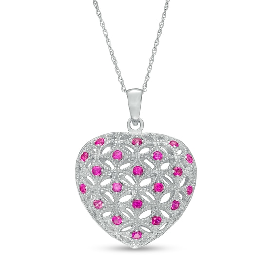 Lab-Created Ruby Vintage-Style Lattice Puff Heart Pendant in Sterling Silver