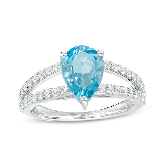 Pear-Shaped Swiss Blue Topaz and White Lab-Created Sapphire Split Shank Ring in Sterling Silver