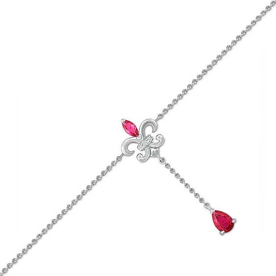 Zales Pear-Shaped and Marquise Lab-Created Ruby and White Lab-Created Sapphire Fleur-de-lis Drop Anklet in Sterling Silver