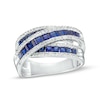 Thumbnail Image 0 of Princess-Cut Blue and White Lab-Created Sapphire Triple Row Ribbon Wrap Ring in Sterling Silver