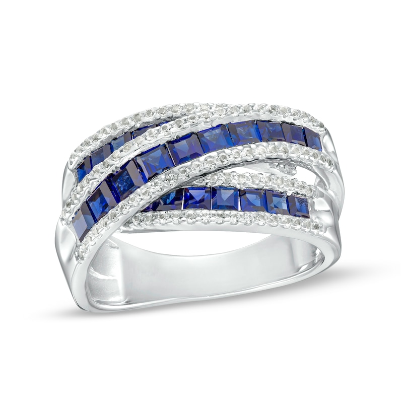 Princess-Cut Blue and White Lab-Created Sapphire Triple Row Ribbon Wrap Ring in Sterling Silver