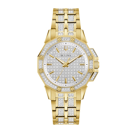 Men's Bulova Crystal Accent Gold-Tone Watch with Silver-Tone Dial (Model:  98C126) | Zales