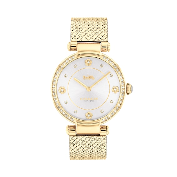 Ladies' Coach Cary Crystal Accent Gold-Tone IP Mesh Watch With Silver-Tone Dial (Model: 14503997)