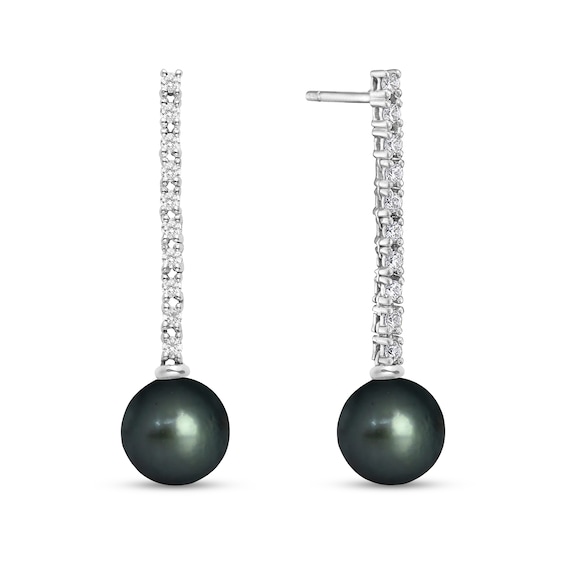 9.0mm Black Cultured Tahitian Pearl And 1/2 CT. T.w. Diamond Stick Drop Earrings In 10K White Gold