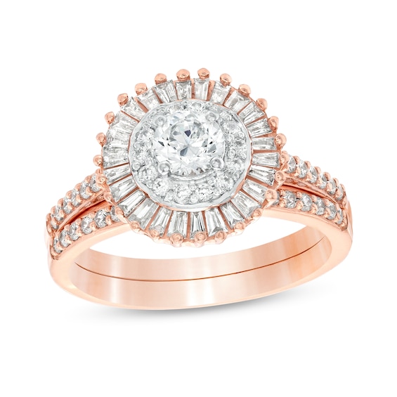 1 CT. T.w. Baguette And Round Diamond Double Frame Bridal Set In 10K Rose Gold