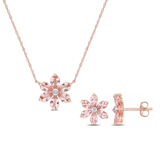 Pear-Shaped Morganite and 1/20 CT. T.w. Diamond Flower Necklace and Stud Earrings Set in 10K Rose Gold - 17"