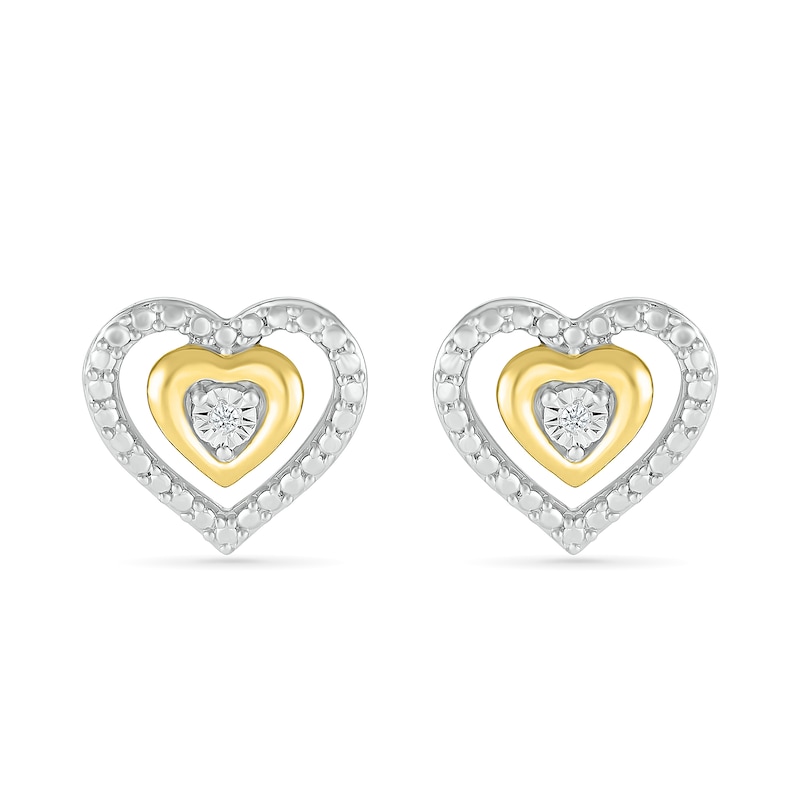 Diamond Accent Double Heart Stud Earrings in Sterling Silver and 14K Gold Plate