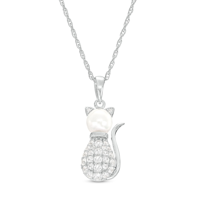 5.5-6.0mm Freshwater Cultured Pearl and White Lab-Created Sapphire Cat Pendant in Sterling Silver