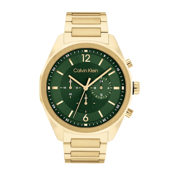 Men\'s Calvin Klein Gold-Tone IP Chronograph Watch with Green Dial (Model:  25200266) | Zales