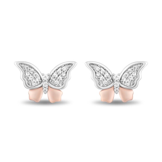 Enchanted Disney Mulan 1/8 CT. T.w. Diamond Butterfly Stud Earrings in Sterling Silver and 10K Rose Gold