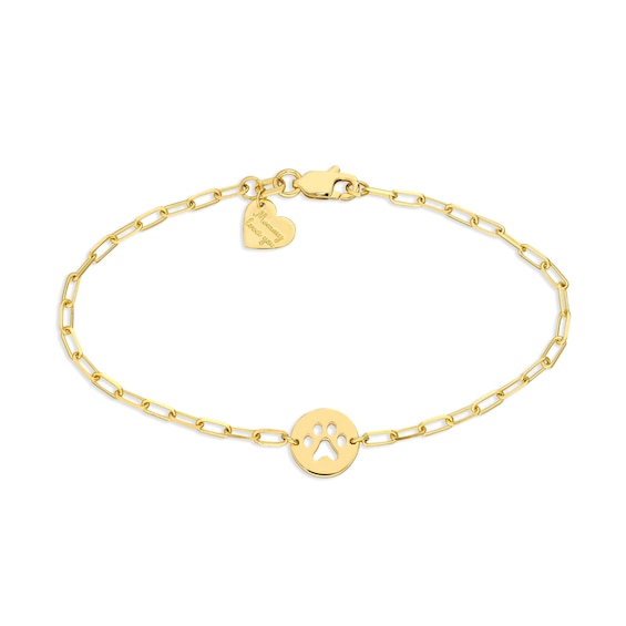 Zales Child's Paw Print Cutout Disc with Mommy Loves You Tag Paper Clip Chain Bracelet in 14K Gold - 6.0