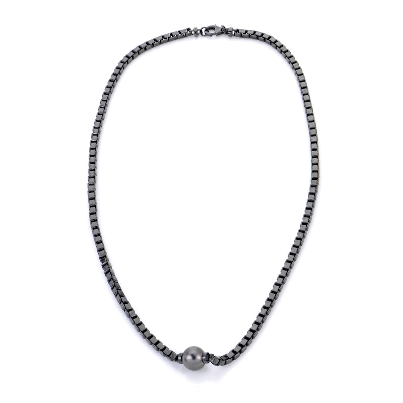 Men's 10.0-11.0mm Black Tahitian Cultured Pearl Box Chain Necklace in Sterling Silver with Black Rhodium-20"