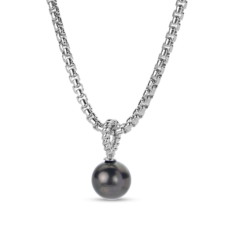 Men's 10.0-11.0mm Black Tahitian Cultured Pearl Pendant Box Chain Necklace in Sterling Silver-20"