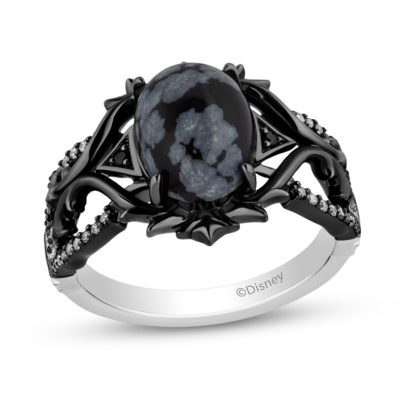 Main Image 1 of Enchanted Disney Villains Maleficent Oval Obsidian and 1/6 CT. T.W. Diamond Thorns Ring in Sterling Silver - Size 7