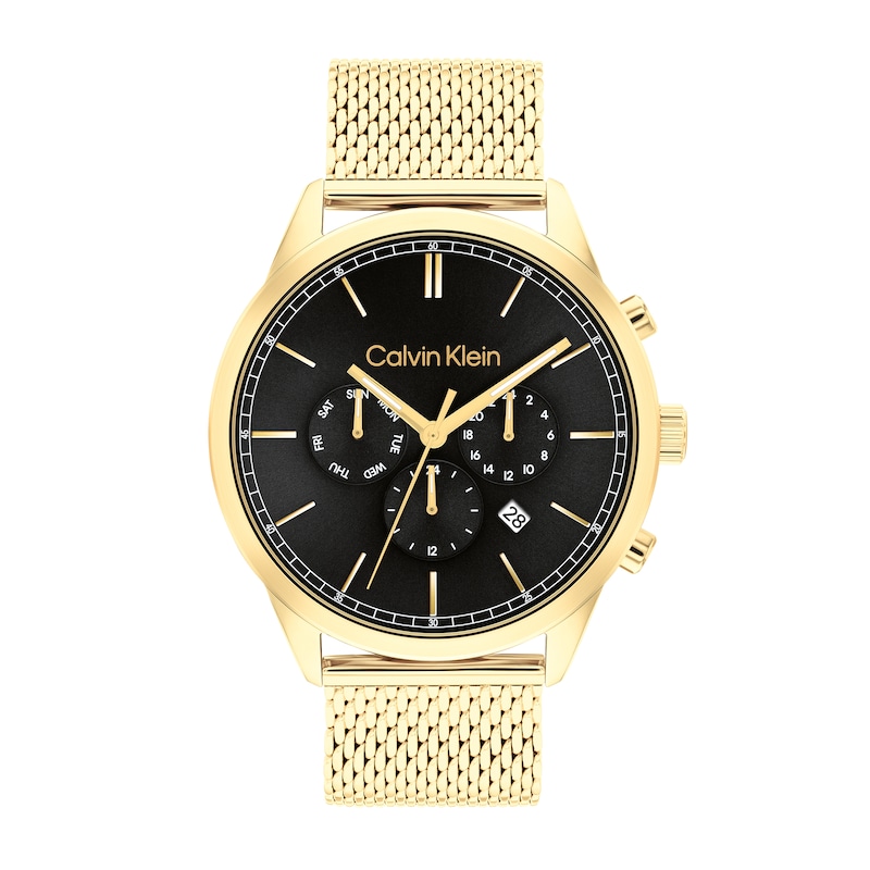 Men\'s Calvin Klein Gold-Tone IP Chronograph Mesh Watch with Black Dial  (Model: 25200375) | Zales