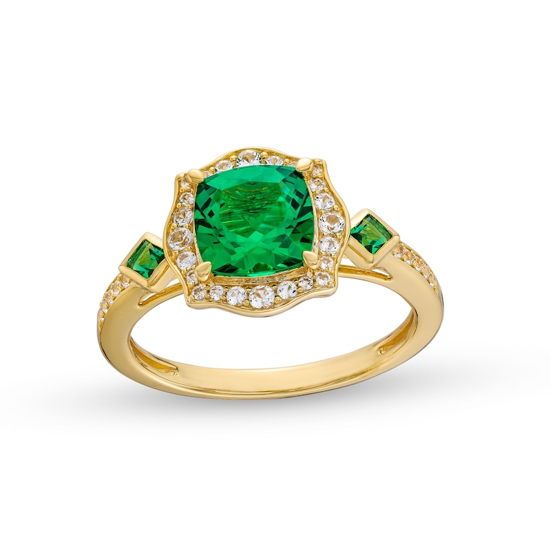 Cushion-Cut Lab-Created Emerald and 1/5 CT. T.W. Diamond Floral Frame ...
