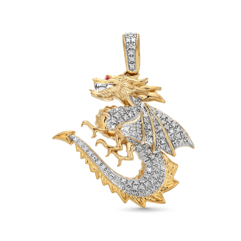 Men's 1/4 CT. T.W. Diamond and Lab-Created Ruby Dragon Necklace Charm in 10K Gold